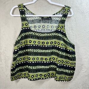 Tahari 100% Linen Boxy Fit‎ Tribal Print Cropped Tank Top Size XL Boho Festival